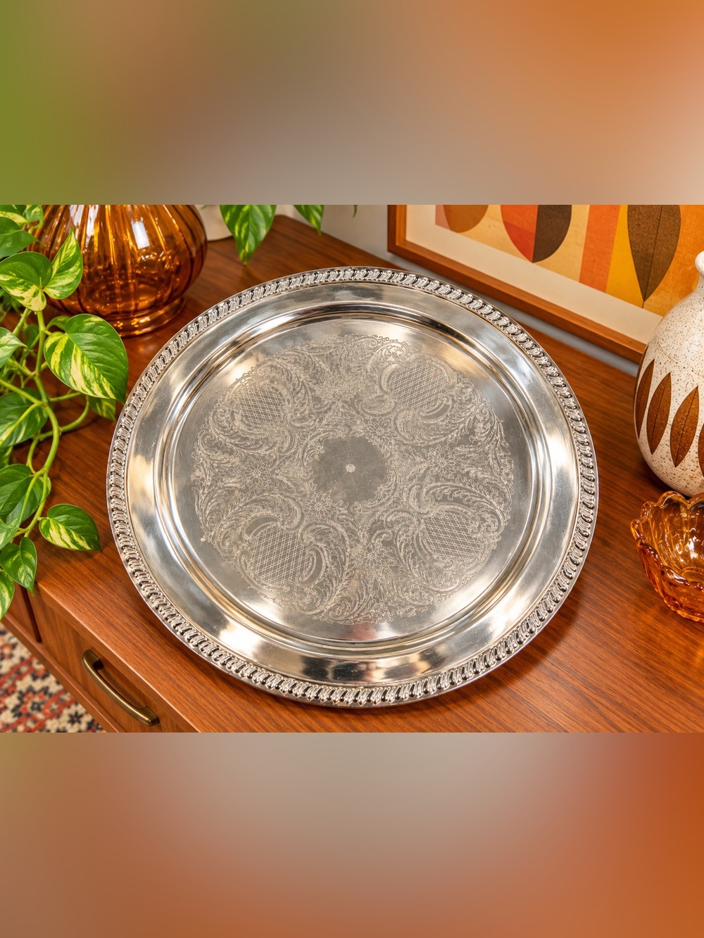 Vintage Large Leonard Silver-plated Ornate Ridge Serving Tray 12” gorgeous tray